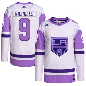 Authentic Adidas Men's Bernie Nicholls Los Angeles Kings Hockey Fights Cancer Primegreen Jersey - White/Purple