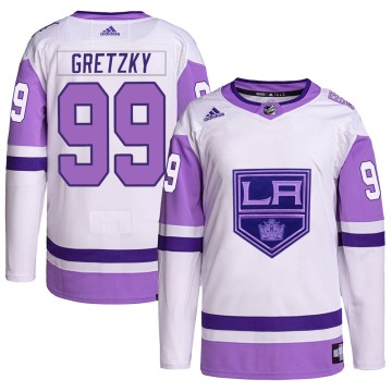 Authentic Adidas Men's Wayne Gretzky Los Angeles Kings Hockey Fights Cancer Primegreen Jersey - White/Purple