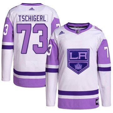 Authentic Adidas Youth Sean Tschigerl Los Angeles Kings Hockey Fights Cancer Primegreen Jersey - White/Purple